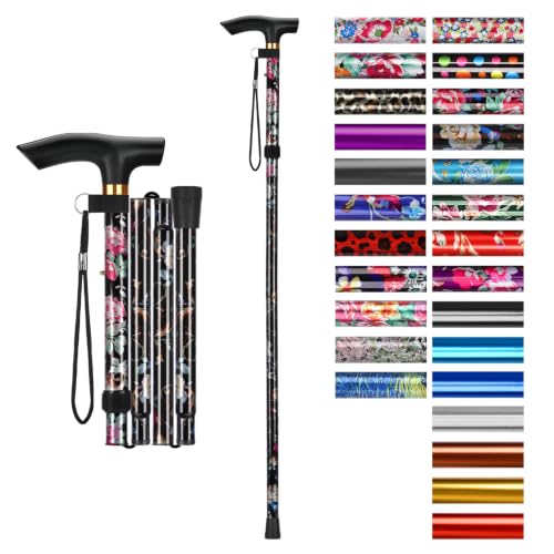 supregear Canne Pliante, Hauteur Réglable à 5 Niveaux Canne de Marche Légère Portable Bâtons de Voyage avec Dragonne et Poignée en T pour Personnes Âgées Handicapées Hommes Femmes, Floral Noir