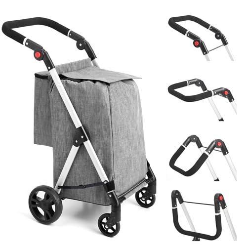 LEUYA ABC Chariot de Courses, 46L Chariot de Courses 4 Roues, avec Sac Isotherme, Poignées Réglables, Pliable, léger en Aluminium (Gris)
