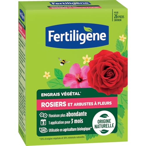 Fertiligène FEGROS650 - Engrais Végétal Rosiers et Arbustes à Fleurs 650 g - Une Floraison Plus abondante - Seulement 1 Application en 3 Mois - Jusqu'à 26 Pieds - Produit 100% Naturel avec zéolite