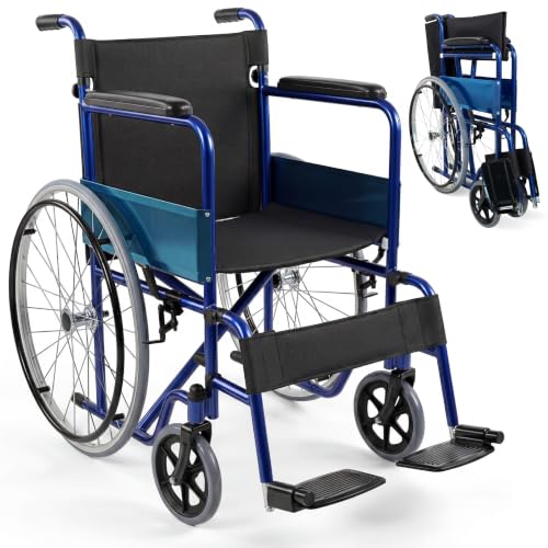 Mobiclinic®, Fauteuil roulant pliant, Alcázar, Marque européenne, Siège 46 cm, Frein manuel, Accoudoirs fixes et repose-pieds pliants, Pour personnes handicapées, Couleur bleu/noir