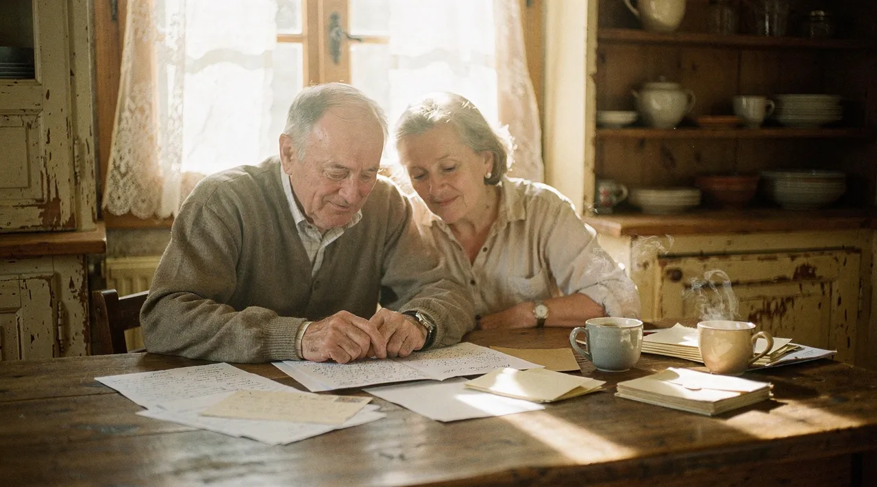 Couple de retraités consultant des documents autour d'une table