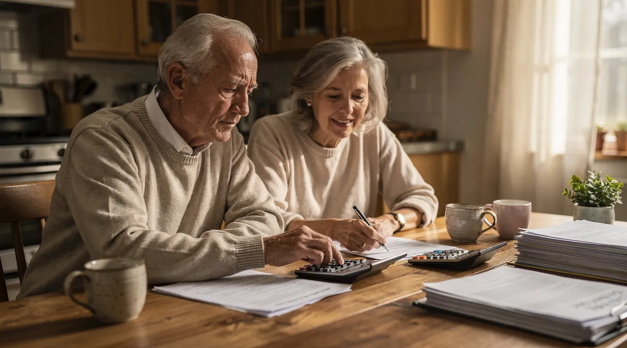 Couple de retraités vérifiant une augmentation retraite 2025 Agirc-Arrco avec leurs documents